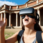 A student excitedly wearing a VR headset, exploring a historical site in a virtual reality learning environment.