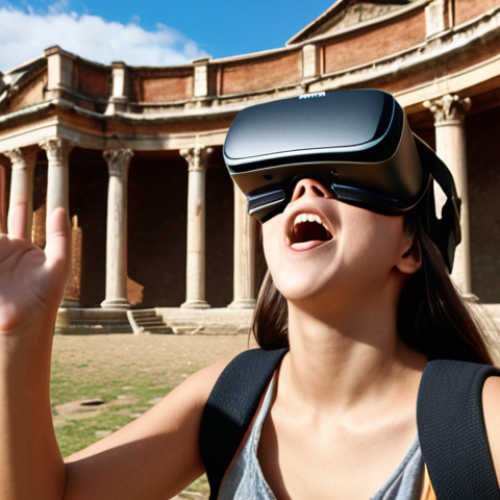 A student excitedly wearing a VR headset, exploring a historical site in a virtual reality learning environment.