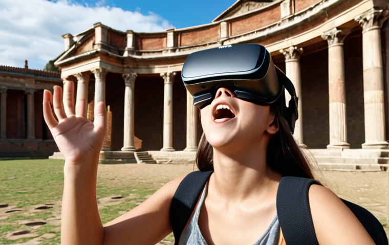 A student excitedly wearing a VR headset, exploring a historical site in a virtual reality learning environment.