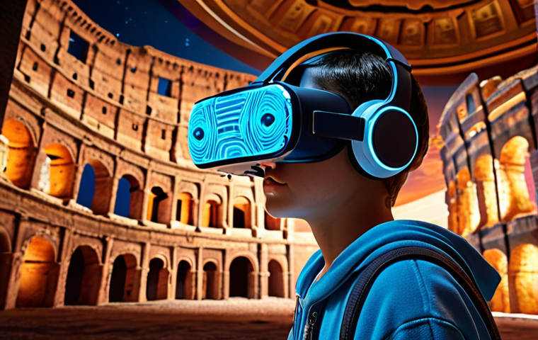 **A young person wearing a sleek, futuristic VR/AR headset, completely immersed in an interactive learning experience. Dynamic, luminous 3D holographic projections of complex human anatomy (organs, cellular structures) or ancient Roman architecture (e.g., Colosseum interior) float around them, showcasing detailed models and historical environments. The scene should convey deep immersion, wonder, and the feeling of experiencing knowledge. Sci-fi, highly detailed, vibrant colors, volumetric lighting, digital art, ultra-realistic, educational context.**
