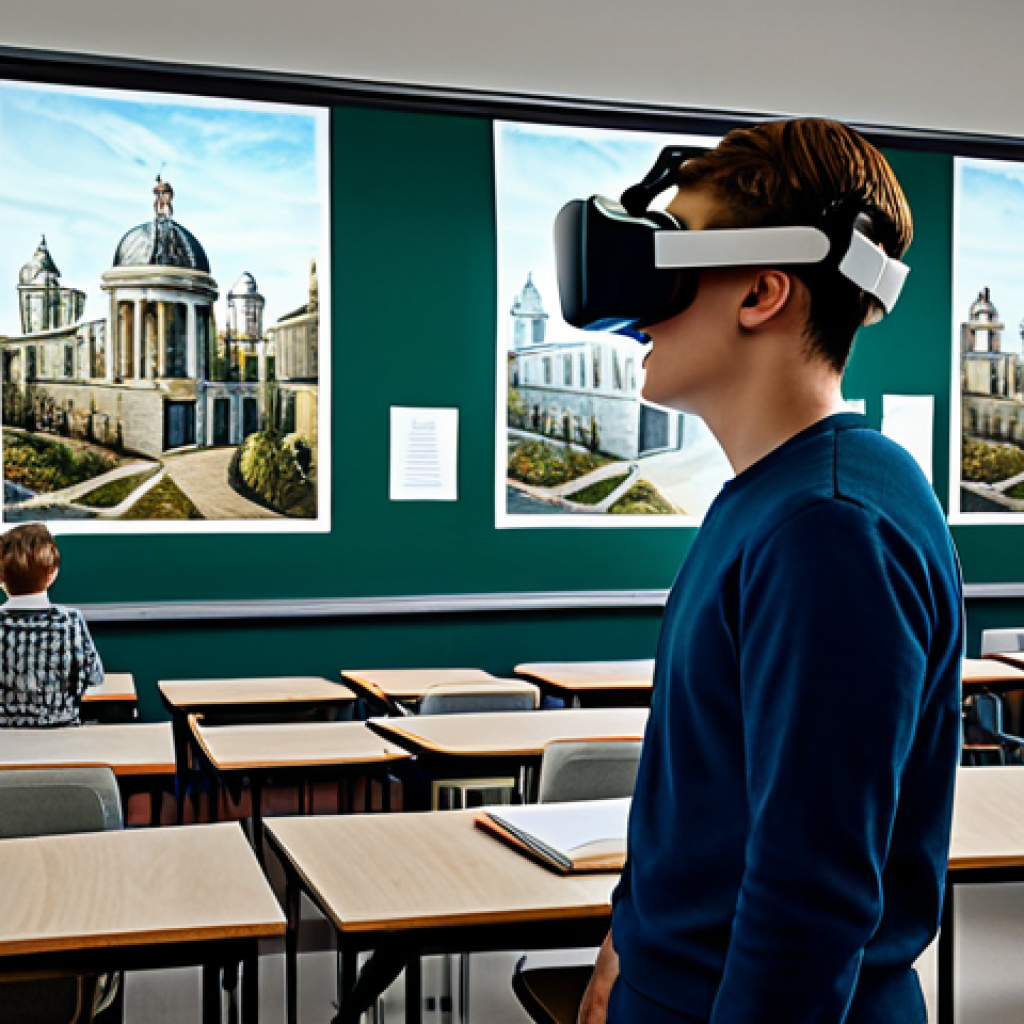 디지털 교육에서의 기술 사용 - "A VR classroom setting with students wearing VR headsets and interacting with a historical environm...