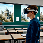 디지털 교육에서의 기술 사용 - "A VR classroom setting with students wearing VR headsets and interacting with a historical environm...