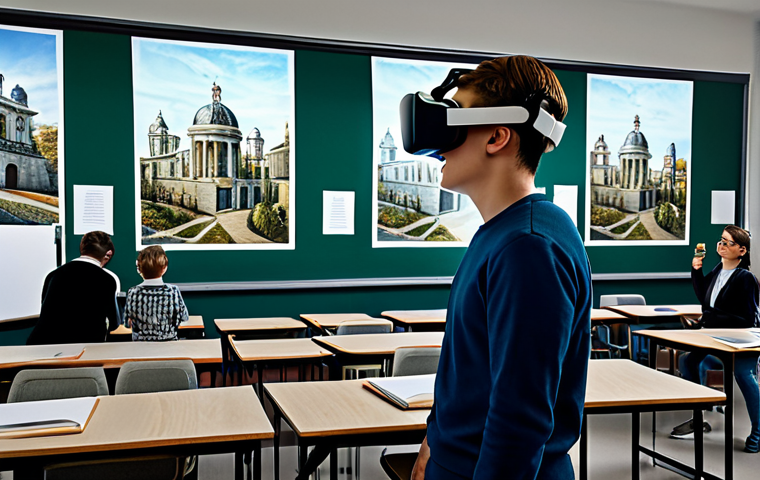 디지털 교육에서의 기술 사용 - "A VR classroom setting with students wearing VR headsets and interacting with a historical environm...